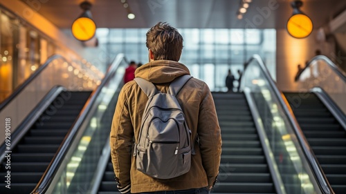 a back view of a young man using headphones as he climbs stairs in a railway station.