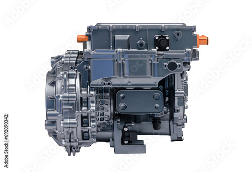 EV car motor engine block part in modern electric vehicle technology high performance power and environmentally friendly Zero Emission system isolated on white