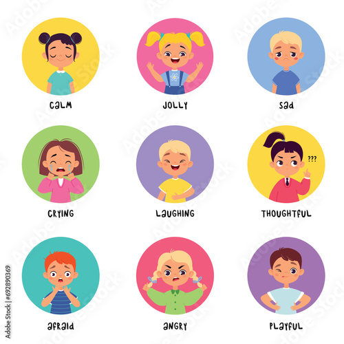 Kids Emotion with Boy and Girl Character in Round Shape Show Face Expression Vector Set