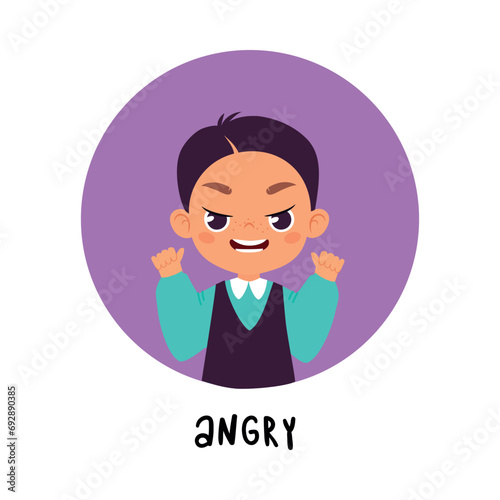 Kid Emotion with Angry Boy Character in Round Shape Show Face Expression Vector Illustration