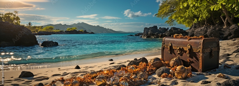 A Pirate's Treasure Chest and a Sun-Kissed Tropical Beach . - obrazy, fototapety, plakaty 
