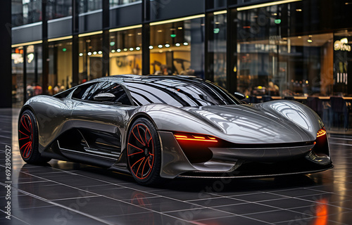 Modern Garage Displays a Futuristic Electric Sports Car. © tongpatong