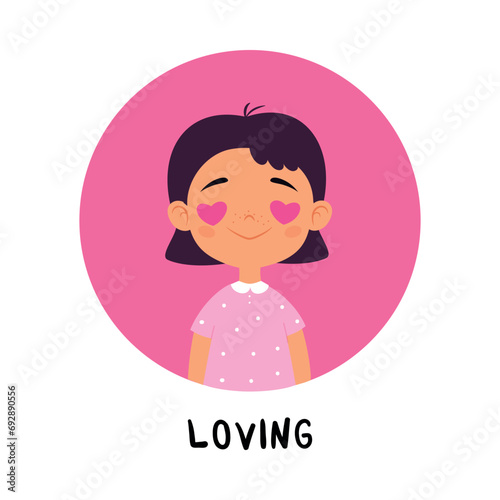 Kid Emotion with Loving Girl Character in Round Shape Show Face Expression Vector Illustration