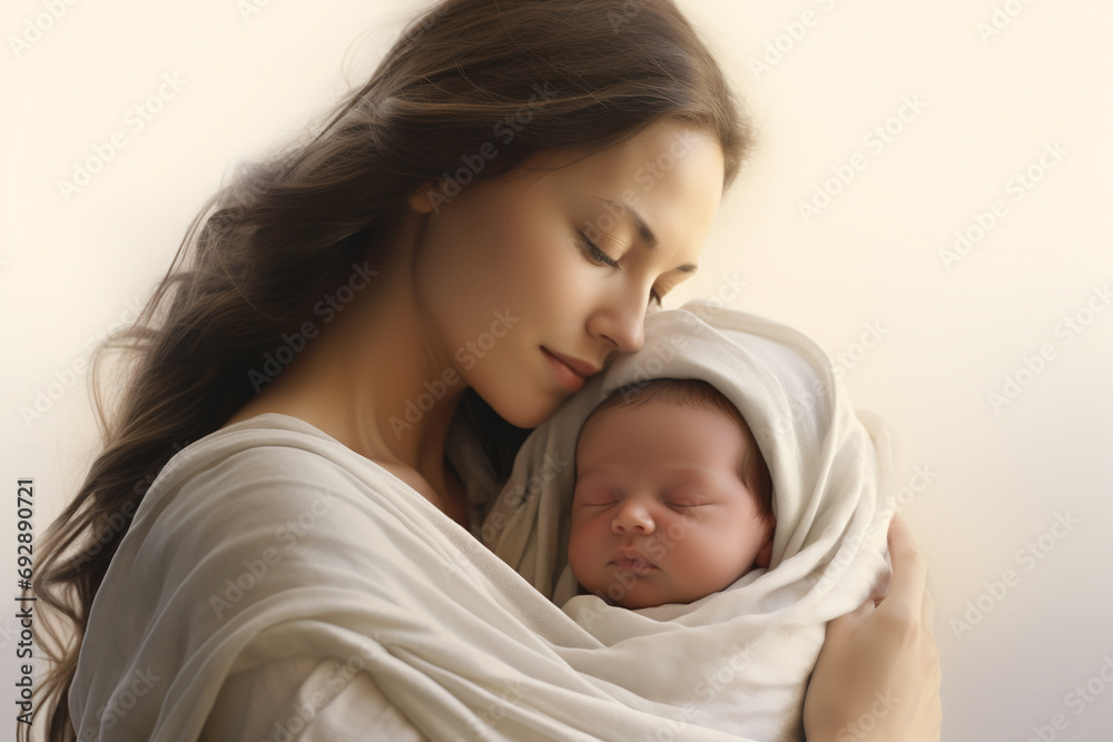 Mother with her newborn baby wrapped in a blanket on a light background. Loving mom carying of her newborn baby at home. Bright portrait of happy mum holding sleeping infant child on hands. Mother with her newborn baby wrapped in a blanket on a light background. Loving mom carying of her newborn baby at home. Bright portrait of happy mum holding sleeping infant child on hands.