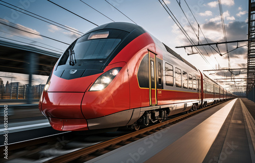 Stunning motion blur captured of a vibrant crimson express train on tracks.