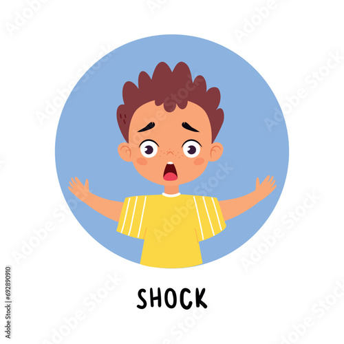 Kid Emotion with Shocked Boy Character in Round Shape Show Face Expression Vector Illustration