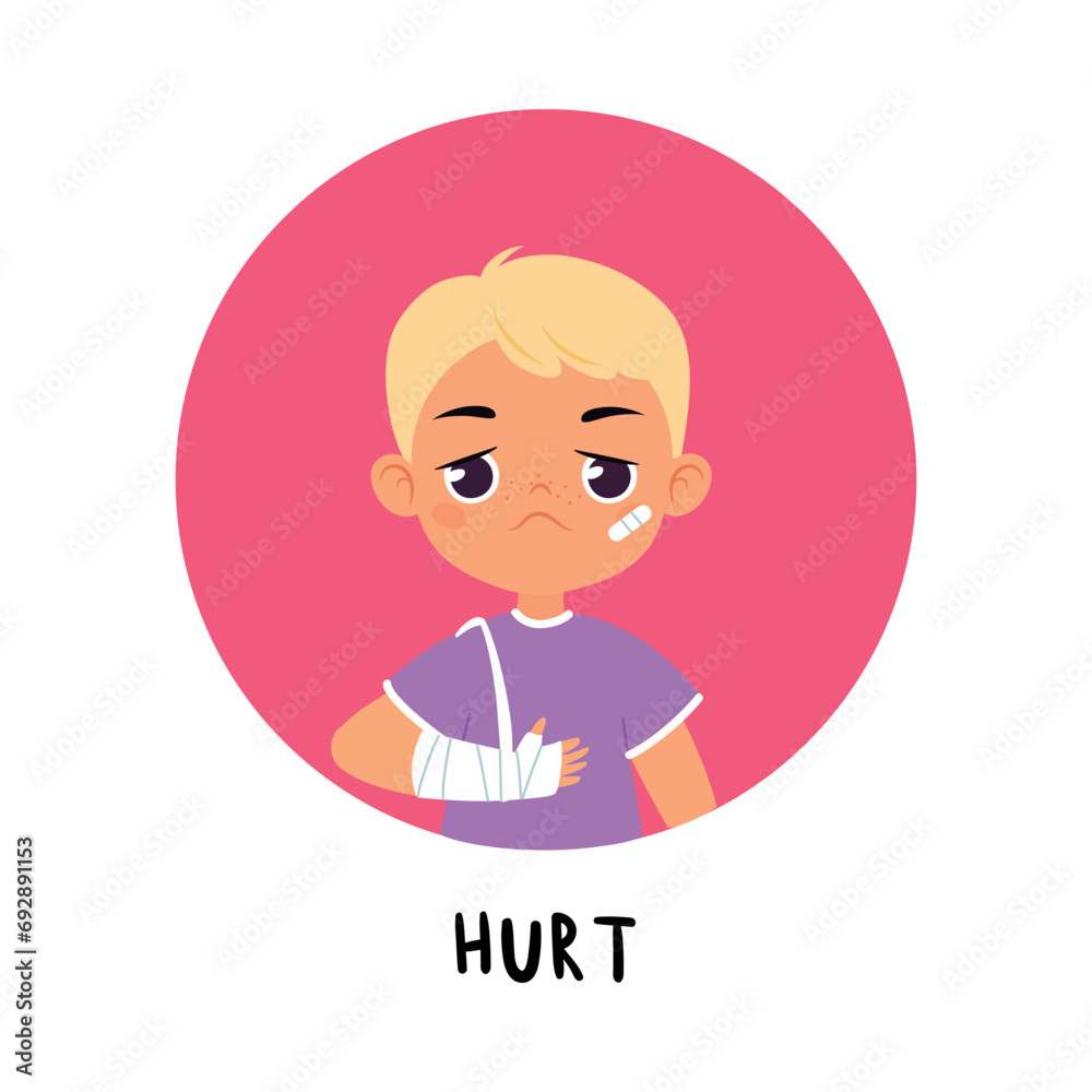 Kid Emotion with Hurt Boy Character with Bandaged Arm in Round Shape Show Face Expression Vector Illustration Kid Emotion with Hurt Boy Character with Bandaged Arm in Round Shape Show Face Expression Vector Illustration