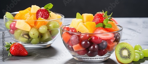 Fruit salad in glass bowls, high angle view, with strawberries, kiwi, mangoes, and grapes.
