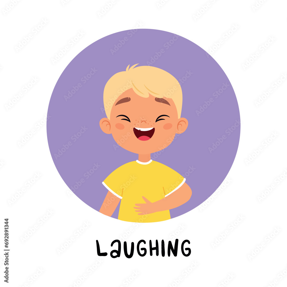 Kid Emotion with Laughing Boy Character in Round Shape Show Face Expression Vector Illustration Kid Emotion with Laughing Boy Character in Round Shape Show Face Expression Vector Illustration