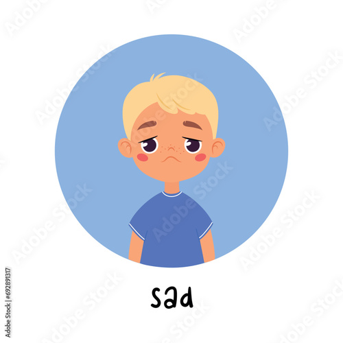 Kid Emotion with Sad Boy Character in Round Shape Show Face Expression Vector Illustration