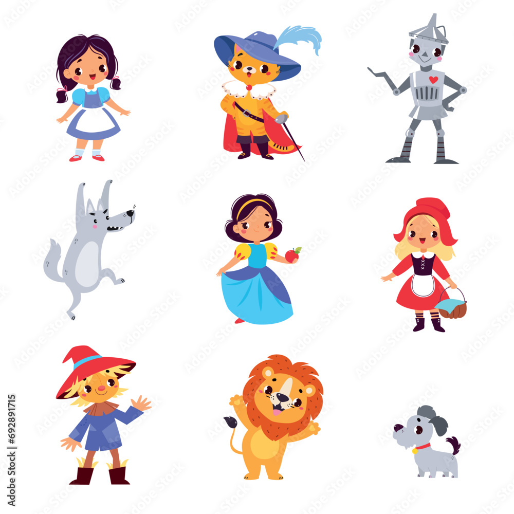 Fairy Tales Character with Robot, Cat in Boots, Red Riding Hood, Snow White, Lion, Puppy and Scarecrow Vector Set Fairy Tales Character with Robot, Cat in Boots, Red Riding Hood, Snow White, Lion, Puppy and Scarecrow Vector Set