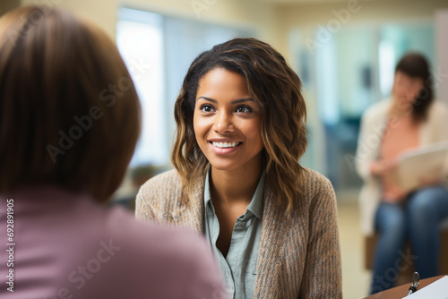 A psychiatric nurse practitioner conducting a mental health assessment in a caring and confidential clinic.