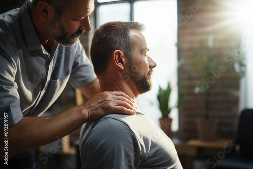 A chiropractor providing spinal adjustments to a patient in a comfortable and serene chiropractic clinic. photo
