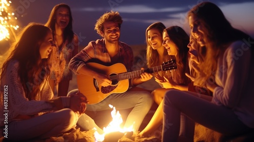 A group of young people have fun sitting by the fire on the beach at night, playing guitar and singing.