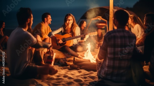 A group of young people have fun sitting by the fire on the beach at night, playing guitar and singing. © Zahid
