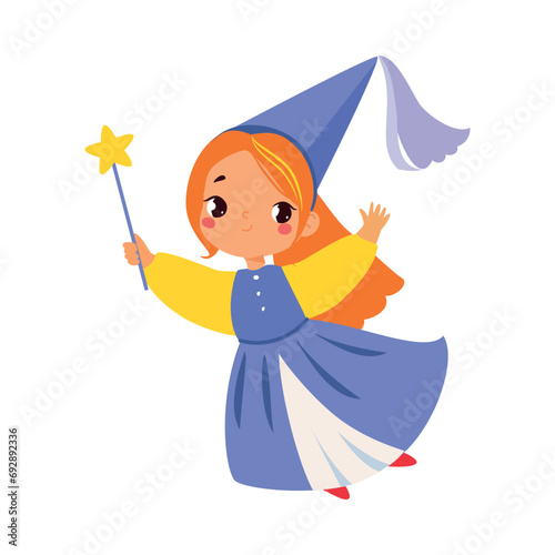 Flying Pixie Godmother with Magic Wand as Fairy Tale Character Vector Illustration