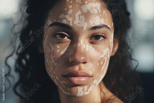 Woman with vitiligo condition demonstrating skin beauty diversity. Beauty and diversity.