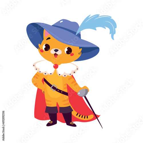 Cat in Boots in Hat and Mantle as Fairy Tale Character Vector Illustration