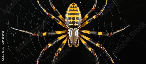 An Argiope versicolor spider sits in the center of its web with spread legs. photo