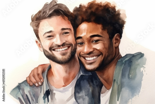 Young, gay couple and watercolour illustration painting on a white background for LGBTQ love, awareness and support hug. Happy, men and colourful sketch for creative gift, card and design artwork