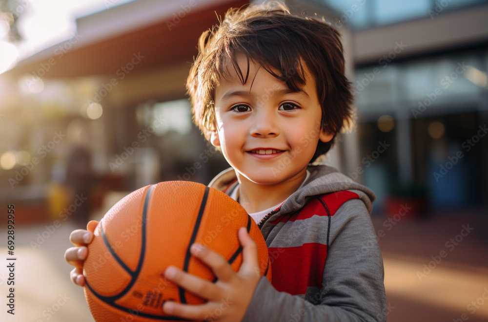 Happy young boy with basketball in sunlight Happy young boy with basketball in sunlight