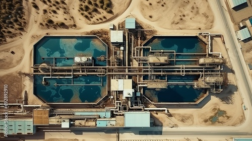 Aerial Perspective: Wastewater Treatment Plant Filtrating Dirty or Sewage Water, Environmental Sustainability Concept