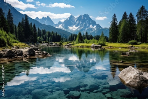 Mesmerizing landscape with a serene lake reflecting a mountainous backdrop, natural tranquility