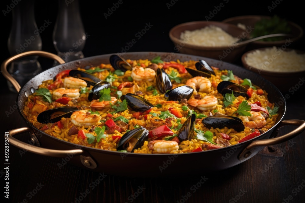 Mouthwatering seafood paella in a traditional pan, capturing the essence of Spanish culinary excellence and vibrant flavors