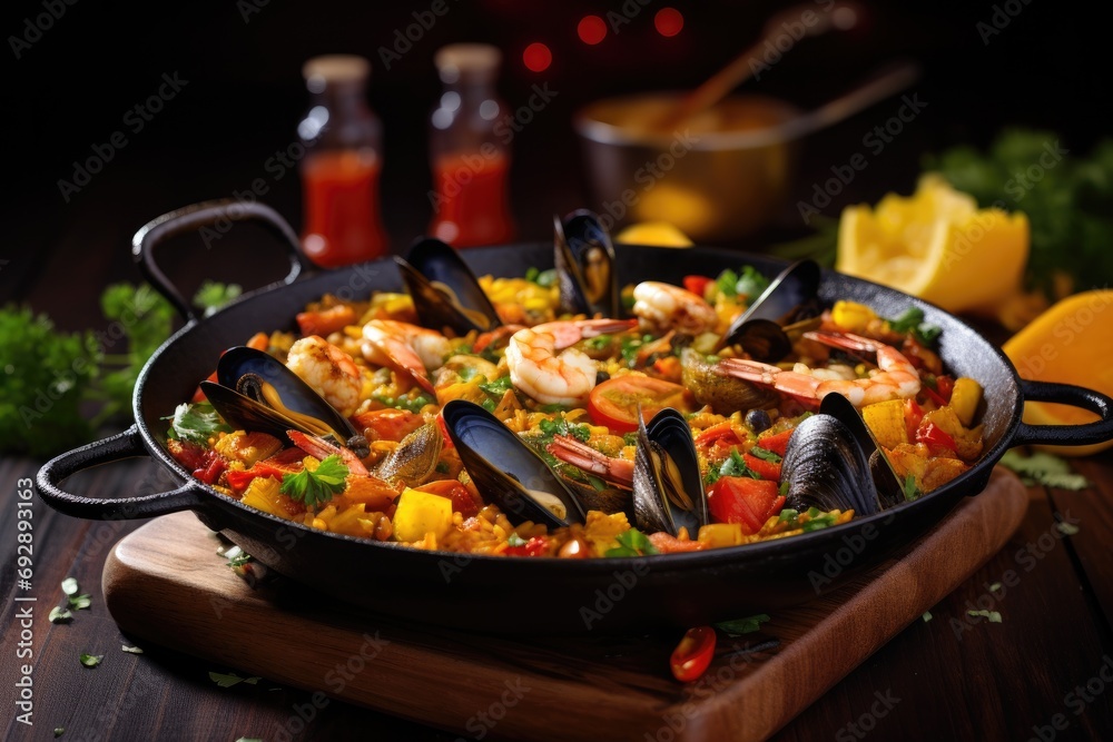 Mouthwatering seafood paella in a traditional pan, capturing the essence of Spanish culinary excellence and vibrant flavors