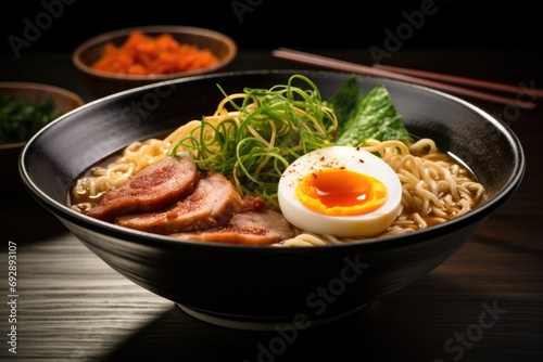 Mouthwatering bowl of traditional Japanese ramen with a perfect balance of broth, noodles, and toppings, a comforting and authentic culinary experience