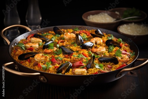 Mouthwatering seafood paella in a traditional pan  capturing the essence of Spanish culinary excellence and vibrant flavors