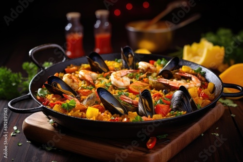 Mouthwatering seafood paella in a traditional pan, capturing the essence of Spanish culinary excellence and vibrant flavors