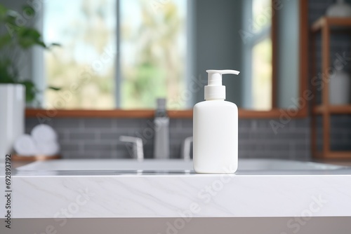 Soap dispenser with shampoo and towel on defocused bathroom background photo
