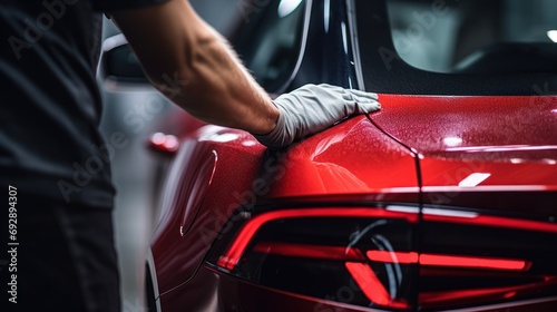 Male hand holding red microfiber cloth and polishing car taillights A man is cleaning and maintaining a luxury car.