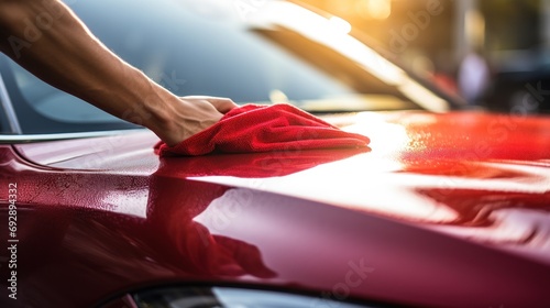 Male hand holding red microfiber cloth and polishing car taillights A man is cleaning and maintaining a luxury car. photo