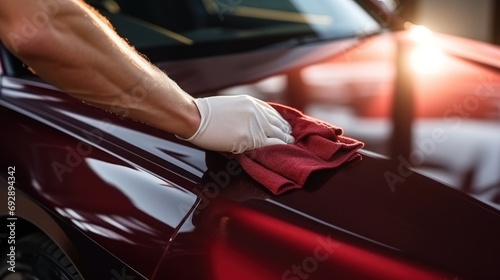 Male hand holding red microfiber cloth and polishing car taillights A man is cleaning and maintaining a luxury car. photo