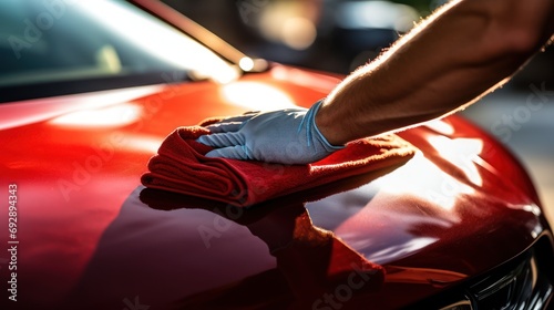 Male hand holding red microfiber cloth and polishing car taillights A man is cleaning and maintaining a luxury car. © somchai20162516
