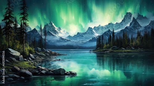 the painting of aurora lights over a lake with mountains, trees and clouds