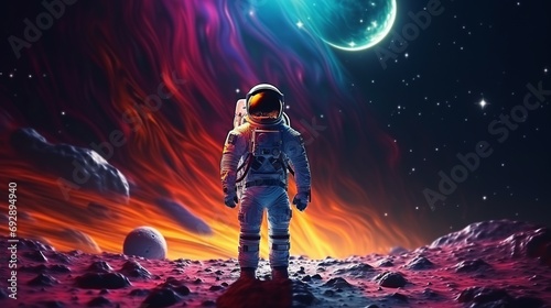 Exploring the Cosmos: Astronaut Walking on Vibrant Lunar Surface with Space Backdrop, Futuristic Concept © Nazia