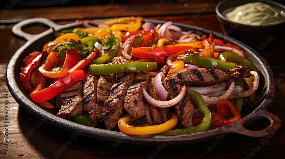 Beef Delight, Grilled Meat on a Plate with Peppers and Onions on Served