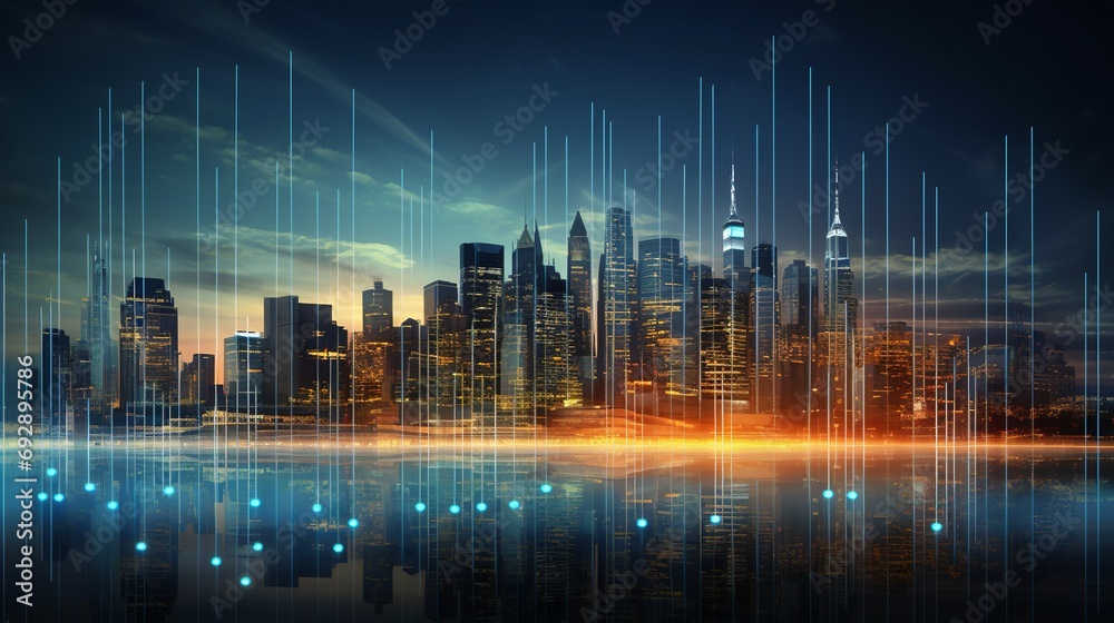 Dynamic Cityscape: Big Data Chart Illustrating Trade, Technology, and Investment Analysis for Business Development and Financial Strategy
