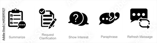A set of 5 Active Listening icons as summarize, request clarification, show interest