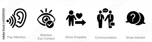 A set of 5 Active Listening icons as pay attention, maintain eye contact, show empathy