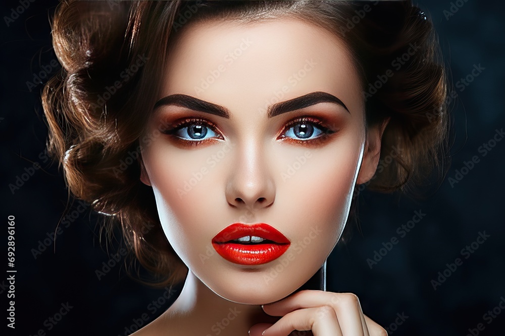 Fototapeta premium face skin healthy clean color lips red makeup daily fresh lady model woman beautiful portrait glamour sensual make-up eye spa lipstick half fashion close pure lip girl white smokey care honed