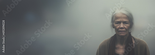 Sad and lonely elderly African American woman standing outside alone in the fog. Moody. Concept for depression and loneliness. mature woman depression sad african american senior woman lost