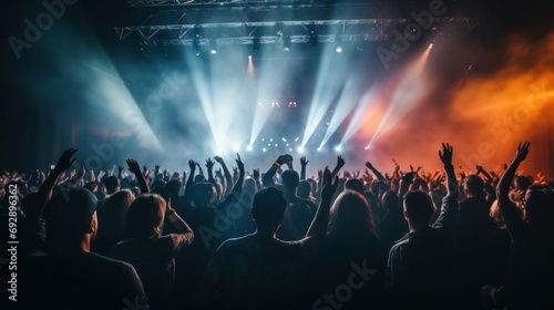 Photo of young people having fun at rock concert, active lifestyle, fans applauding to famous music band, nightlife, DJ on the stage in the club, crowd dancing on dance-floor, night performance