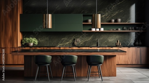 Modern interior design of a minimalist dark green and wood kitchen with black marble backsplash. dining table and chairs
