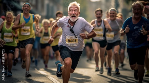 A 60-year-old blonde man participating in the marathon finishes among the crowd of runners with his fit and energetic form © Zahid