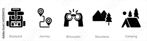 A set of 5 Adventure icons as backpack, journey, binoculars