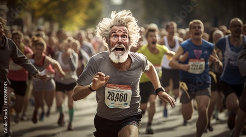 A 60-year-old blonde man participating in the marathon finishes among the crowd of runners with his fit and energetic form © Zahid